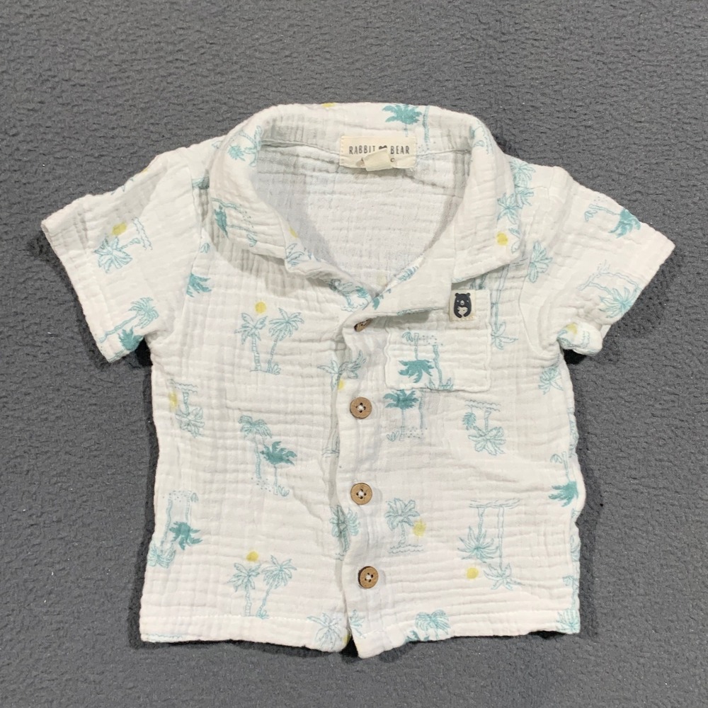 Rabbit + Bear Shirt Baby 6-9M Organic Cotton Gauze Palm Tree Button Down Summer